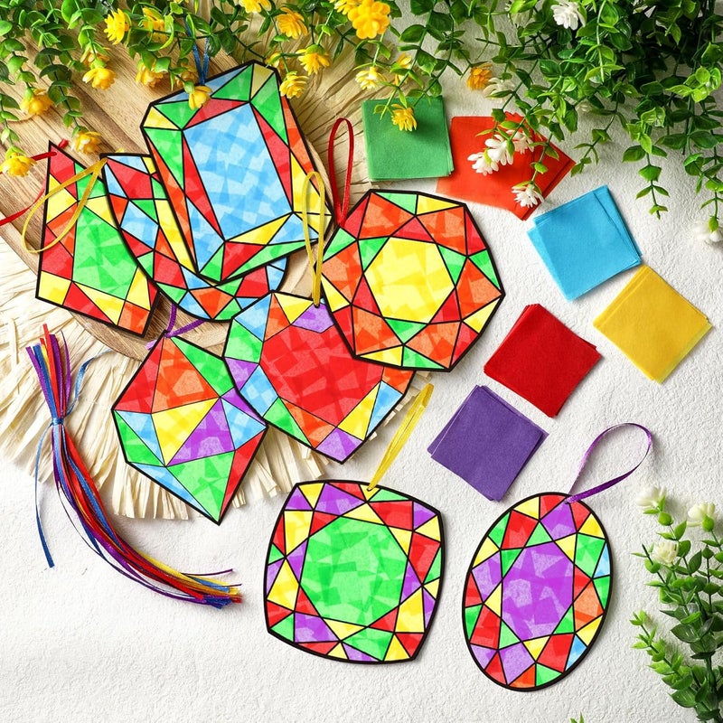 Eersida 32 Pcs Jewel Suncatchers Paper Craft Set DIY Diamond Shaped Stained Glass Effect Tissue Paper Kits Bulk for Window Activities Art Party Decorations Favors Gift - Image 5